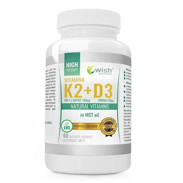 WISH Vitamin K2 MK-7 100mcg + D3 2000IU 50mcg in MCT Oil 120 caps