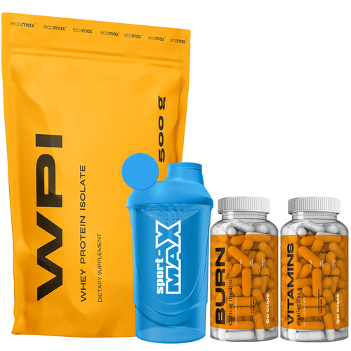 nowmax Burn Cutting Thermo 60 kaps + ECOMAX WPI Protein 500 g + ECOMAX Witaminy i Minerały 90 kaps + SPORT-MAX Shaker 600 ml